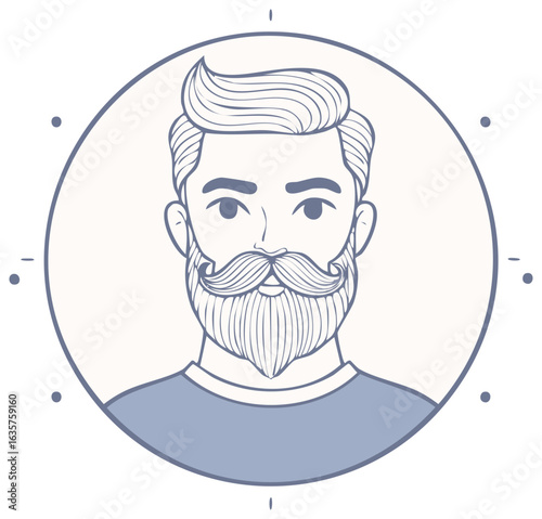 Stylish hipster man with a modern haircut and a full groomed beard inside a circular frame