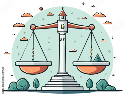 Cartoon illustration of architectural scales of justice balancing human value against property