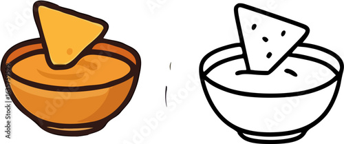 A colorful bowl of cheese dip with a tortilla chip being dipped, and a line art version.