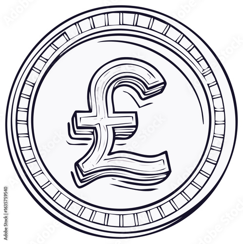 Stylized sketch of a pound coin with line shading and segmented rim on a white background