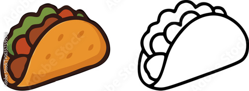 Two taco illustrations, one colored and one in black and white outline.