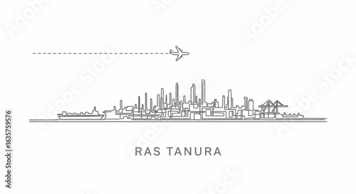Ras Tanura Skyline Plane over city Line Art.