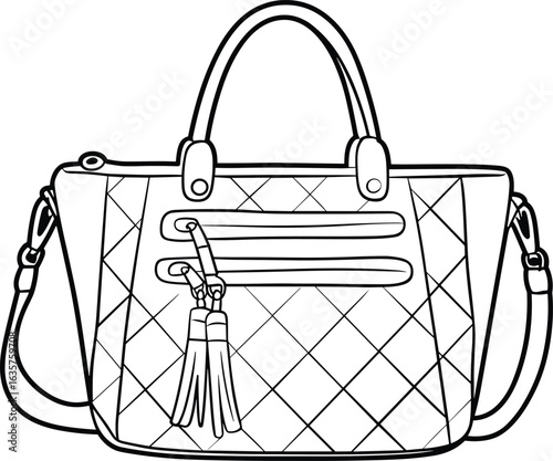 Elegant line art illustration of a quilted handbag with a tassel, perfect for fashion, accessories, and luxury-themed design projects, stylish and chic