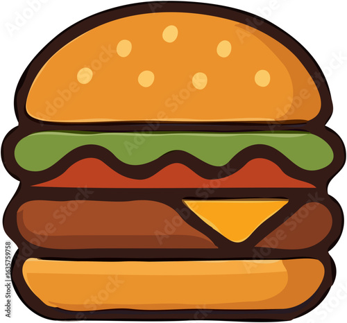 A delicious double cheeseburger illustration, featuring toasted buns, juicy patties, melted cheese, and fresh lettuce.