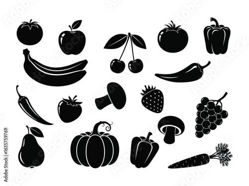 Silhouette Fresh Produce: A collection of monochromatic fruits and vegetables, each elegantly rendered as a stark silhouette. The shapes celebrate nature's diversity. 