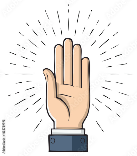 Raised hand in a business suit making a stop or oath gesture with radiating lines