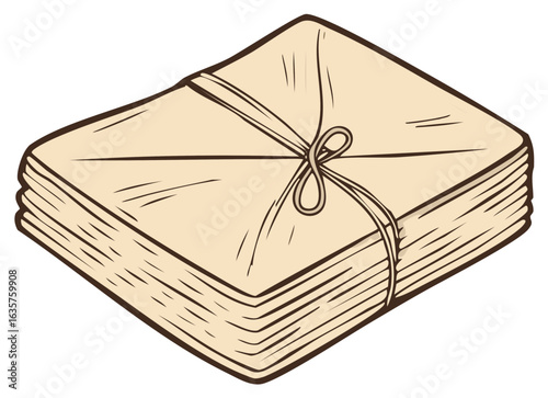 A nostalgic vintage drawing of a stack of old letters tied together with string
