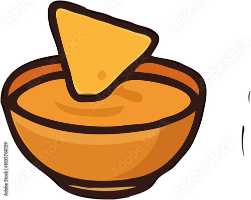 Cartoon illustration of a triangular tortilla chip being dipped into a bowl of cheese sauce.