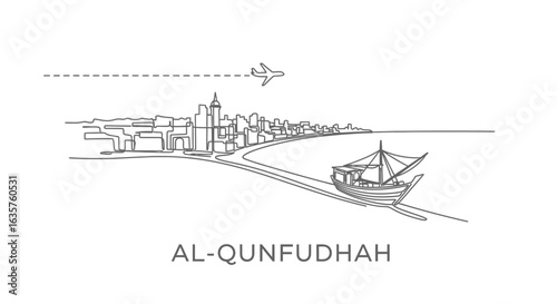 AlQunfudhah Skyline with Plane, and Dhow Travel Graphic.