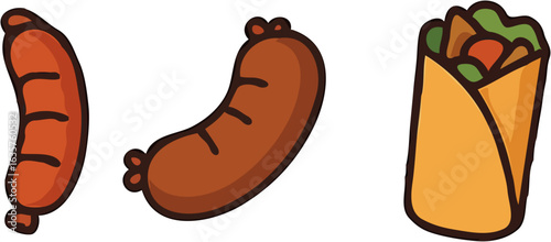Cartoon illustration of two sausages and a wrap.