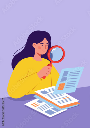 Young woman examining documents with a magnifying glass, focused on research.