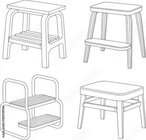 Four different styles of wooden step stools, a simple and functional furniture piece for a variety of home tasks