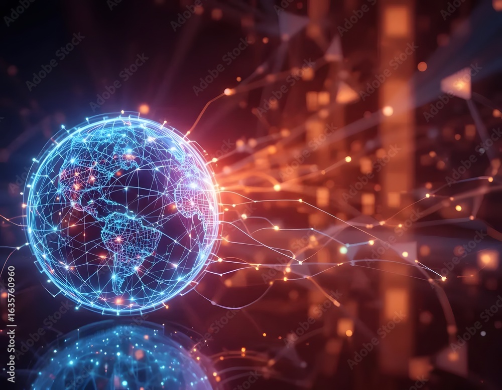 Obraz premium Glowing globe with network connections against a blurred orange and black background with reflection