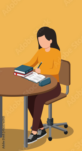 A young woman sits at a table, diligently writing in a notebook, surrounded by books.