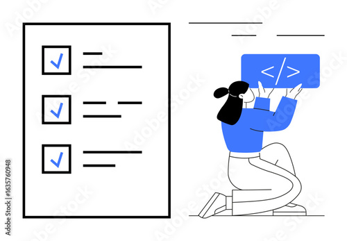 Female developer kneeling while coding with checklist. Ideal for programming, workflow, tasks, project management, productivity, software development, simple landing page