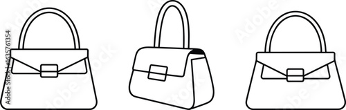 Line art collection of stylish women's handbags in different views, perfect for fashion, accessories, and luxury-themed design projects, elegant and versatile