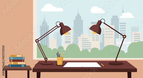 Two illuminated desk lamps on a wooden table with books and stationery, overlooking a modern city skyline through a large window.