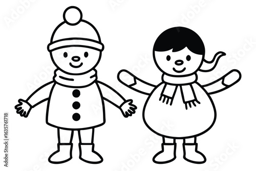 two baby wearing snowman cloth fun line art vector illustration