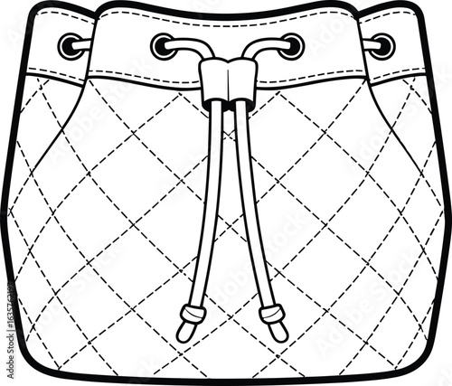 Line art drawing of a stylish quilted drawstring pouch bag, perfect for fashion, accessories, and luxury-themed design projects, elegant and chic
