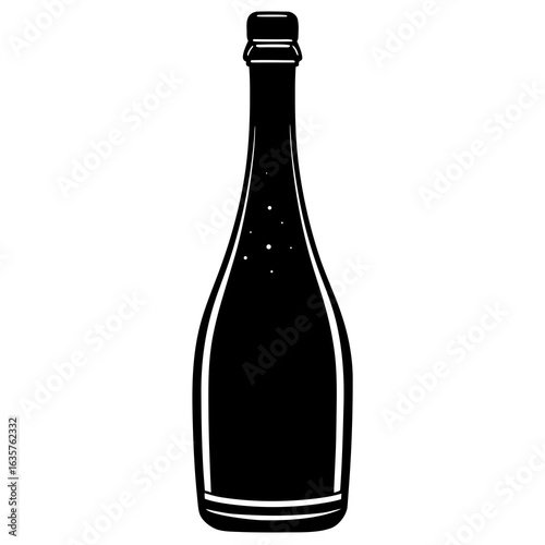 Black champagne bottle silhouette with bubbles white