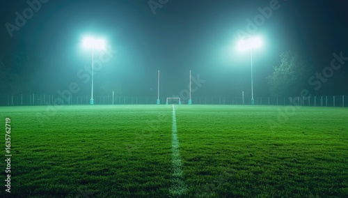 Grassy green rugby field with lights, foggy night scene, wide-angle, high-resolution photography.