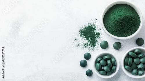 Spirulina supplements overhead view