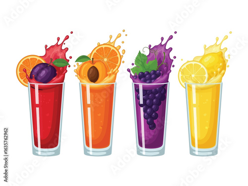 Colorful Fresh Fruit Juices: A vibrant and refreshing collection of fresh fruit juices, each bursting with color and flavor, symbolizing health and vitality.