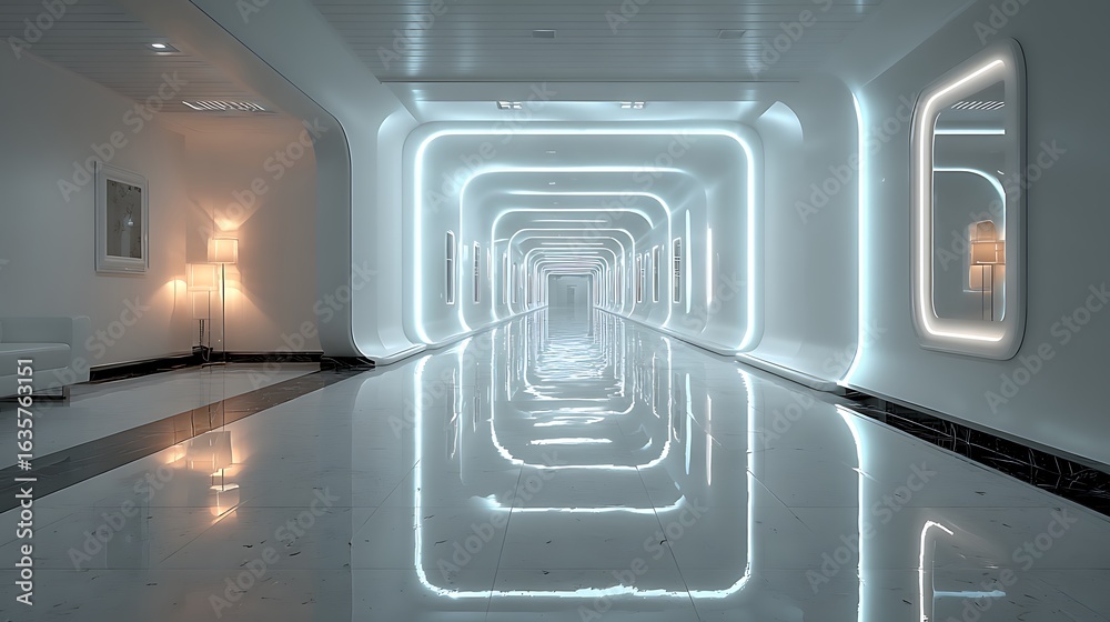 Fototapeta premium lean AI hospital corridor with illuminated smart panels and minimalistic wall space on right side for overlay of healthcare communication or digital interface
