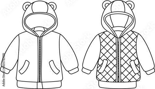 Line art drawing of two kids' hoodies with bear ears, one plain and one quilted, for children's fashion and apparel design