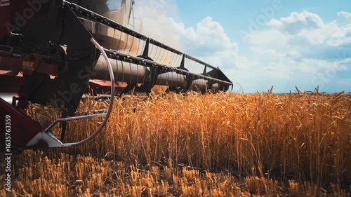 Harvesting wheat or rye in agricultural region, closeup view of machinery blades . Agricultural harvester combine working in golden field in summer, details view, innovation and technology in agronomy