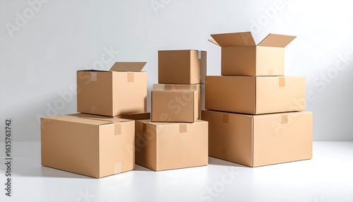 Cardboard boxes stacked on a white surface
