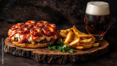 Gourmet burger with fries and beer