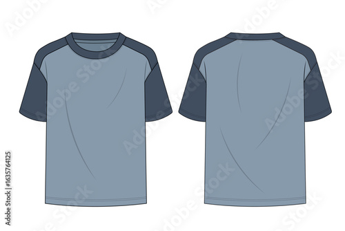 Crew Neck Shoulder Drop T-shirt Technical Illustration, shoulder drop T-shirts design in flat, Front and back views of two unisex T-shirts designed in flat, Blue Raglan Short Sleeve Shirt Design Front