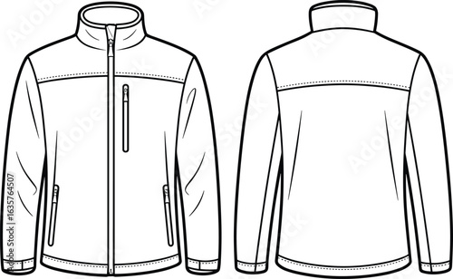 Men's Outdoor Adventure Softshell Jacket Technical Fashion Illustration for Sportswear Apparel Design, Front and Back Views, Flat Sketch Vector Template