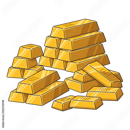A large pile of shiny gold bullion bars stacked in a haphazard heap, representing wealth and financial success.