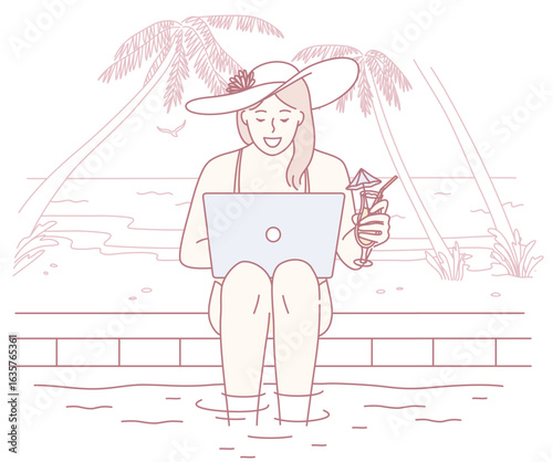 A woman enjoys a worklife balance, working on her laptop by the pool with a refreshing drink in hand