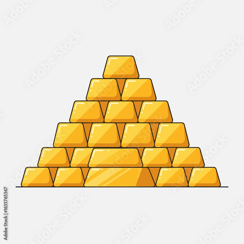 A cartoon illustration depicts a pyramid of shiny gold bars stacked neatly against a clean, light gray background, suggesting wealth and treasure.