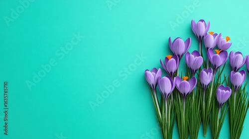 Purple crocus bouquet teal background