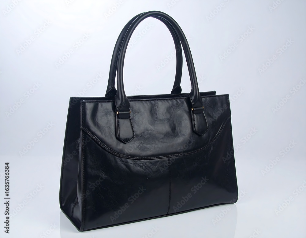 Naklejka premium Black leather tote bag against white background