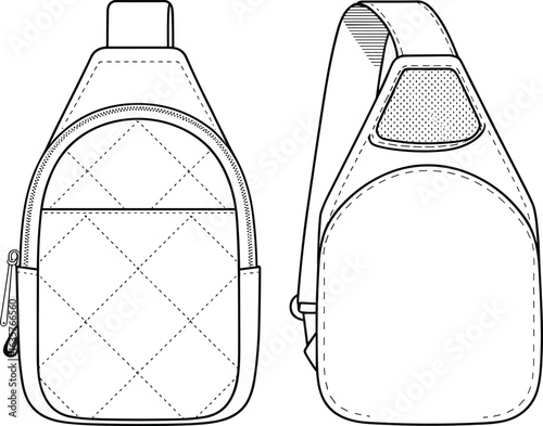 A detailed vector illustration of a modern quilted sling bag, front and back view, perfect for fashion apparel and accessory design mockups