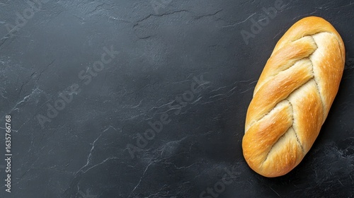 Braided loaf of bread on dark stone surface