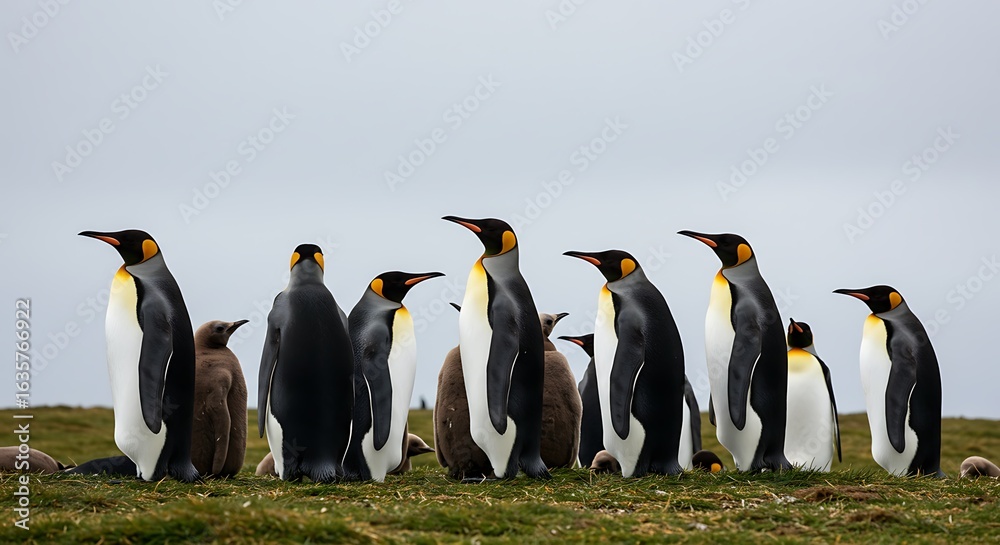 Obraz premium A ground view of King Penguins displaying their vibrant plumage and cloudy backdrop - captured in perfect lighting