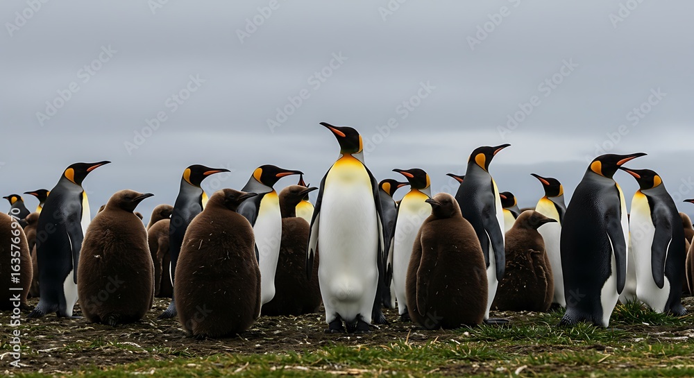Fototapeta premium Experience nature through a ground view of king penguins displaying their vibrant plumage and cloudy backdrop