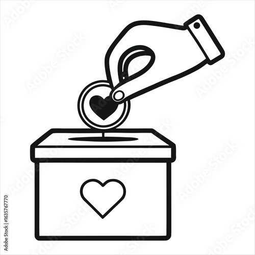 Hand dropping coin with heart into donation box with heart symbol