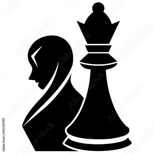 Black queen chess piece and profile silhouette vector