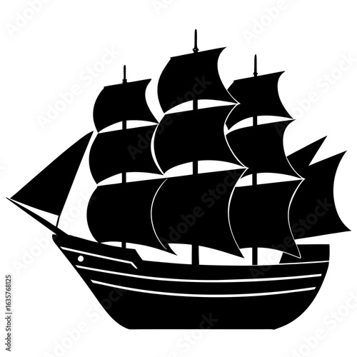 Black silhouette of a sailing ship with full sails