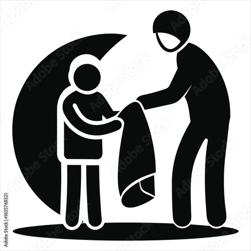 Silhouette of one person handing a blanket to another person