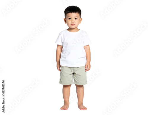  Asian Toddler Boy Standing with Hands by Side, White Blank T-Shirt Front Mockup