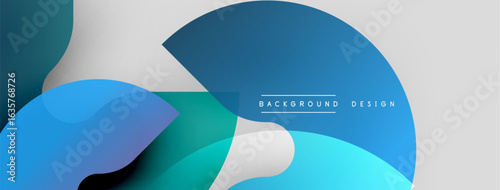 Abstract blue shapes overlap, creating modern design. Gradient colors blend smoothly over light gray backdrop. Minimalist aesthetic.