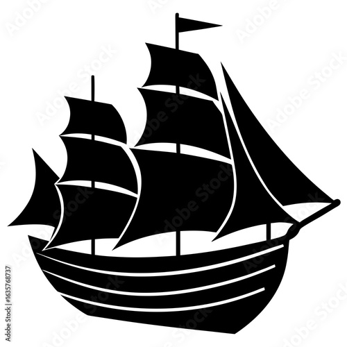 Tall ship sailing black silhouette white